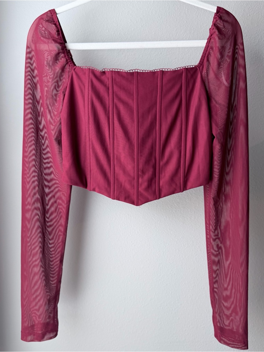 Lulu's Rose Burgundy Mesh-Sleeve Corset Crop Top